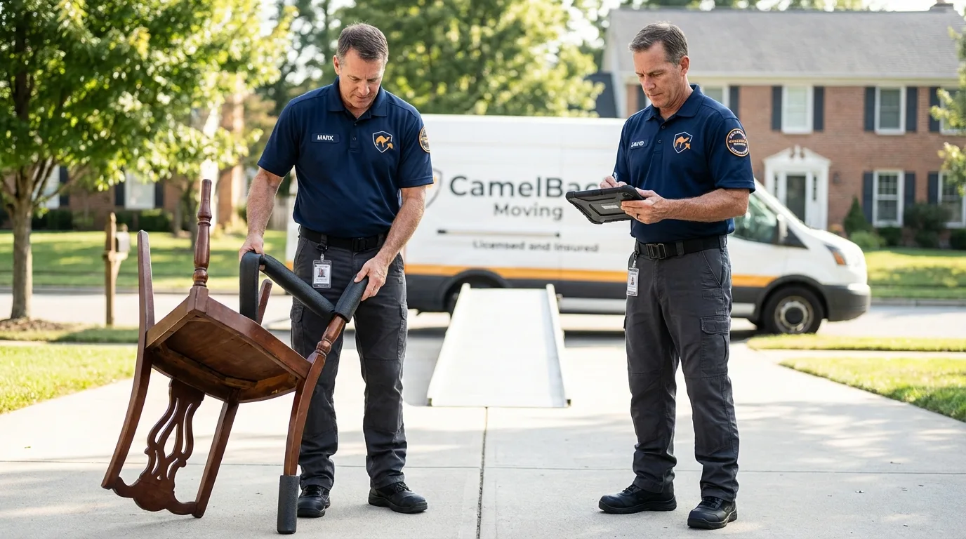 Movers inspecting furniture for damage prevention before loading in Madison, CT